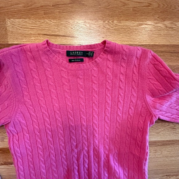 Lauren Ralph Lauren medium Pink Cashmere Sweater Cable Knit Crewneck - Picture 3 of 6